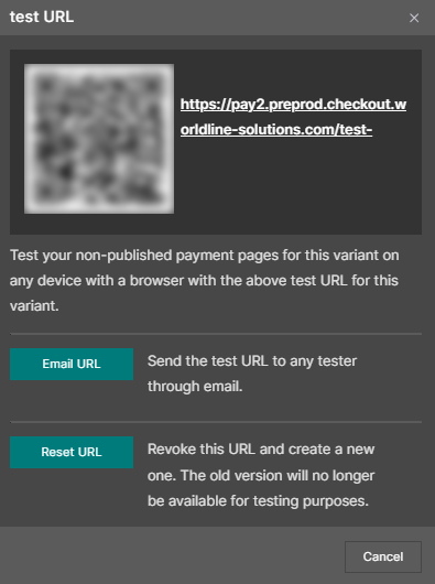 Test URL screen on hosted checkout editor